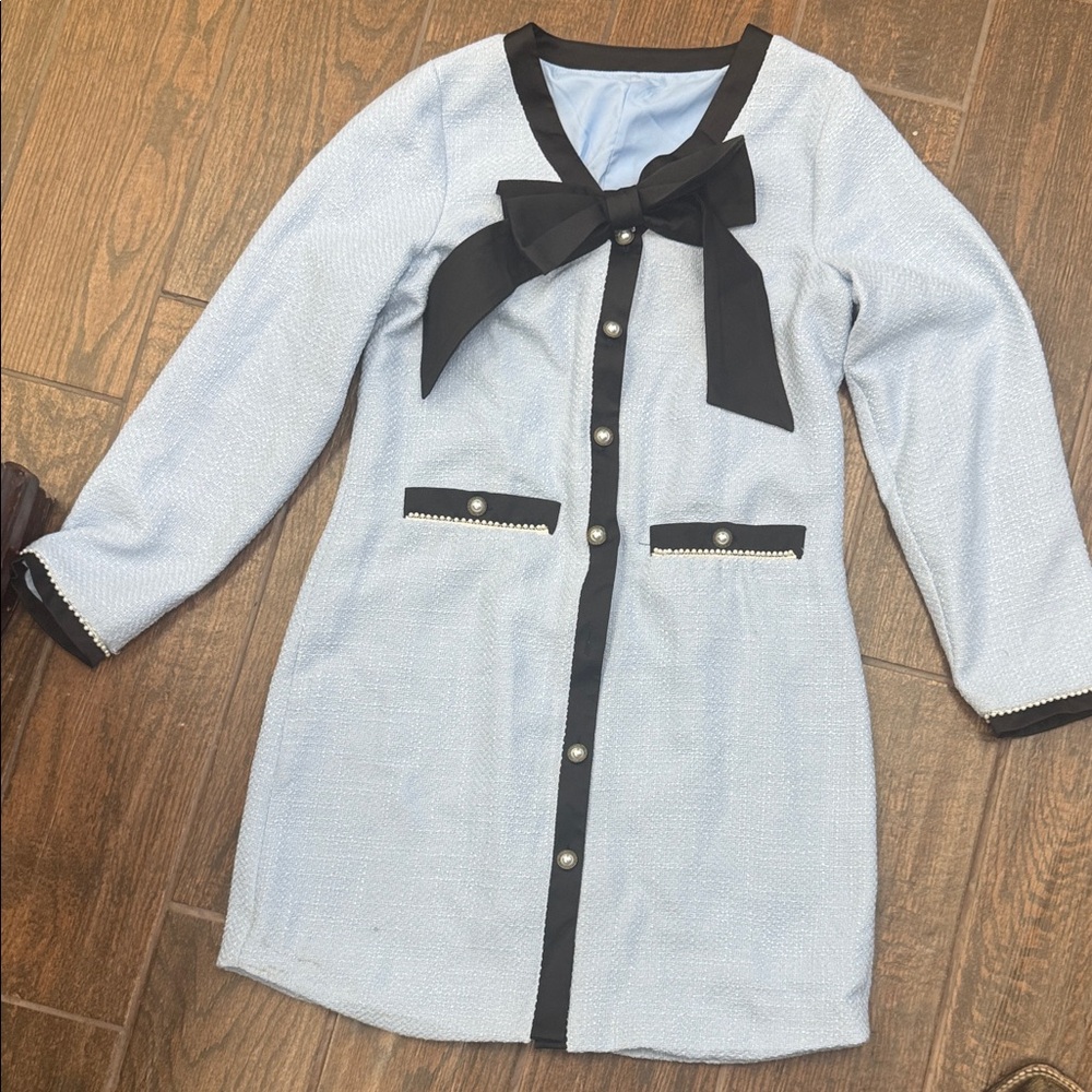 Elegant Light Blue Dress with Black Pearl button Accents